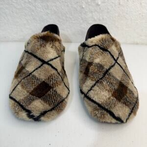 Cole Haan Armenia Brown Plaid Shearling Slippers Womens 10B Faux Fur House Shoes